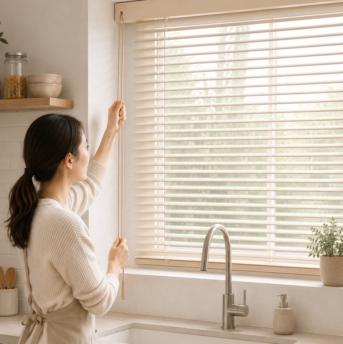A woman in a cream ribbed sweater and matching apron adjusts a beige roller blind system on a window above a kitchen sink.